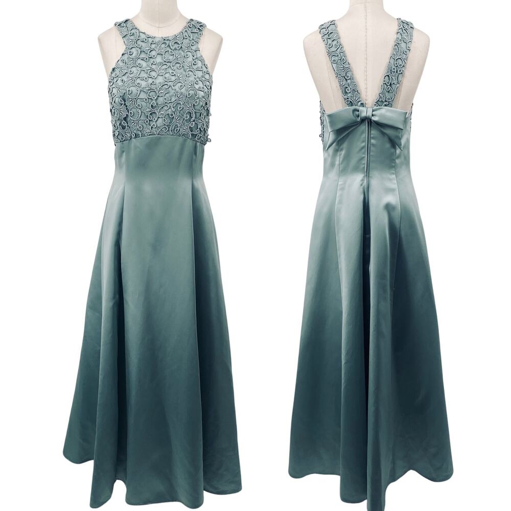 Vintage 90s Satin Gown Fit & Flare Floral Lace Bodice Bow Back Mint Green Blue 4